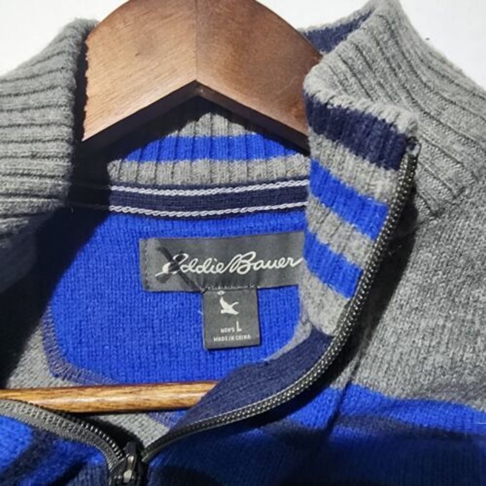 MENS EDDIE BAUER GREY/BLUE 1/4 ZIP WOOL BLEND‎ SWEATER